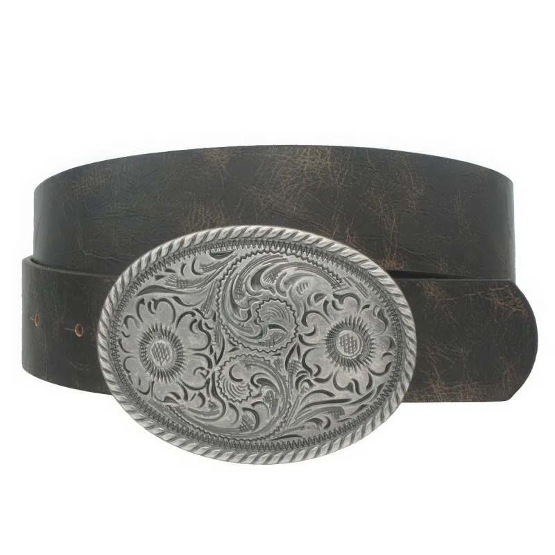 Flower Embossed Oval Buckle Vintage Strap Belt made by Unique Kulture