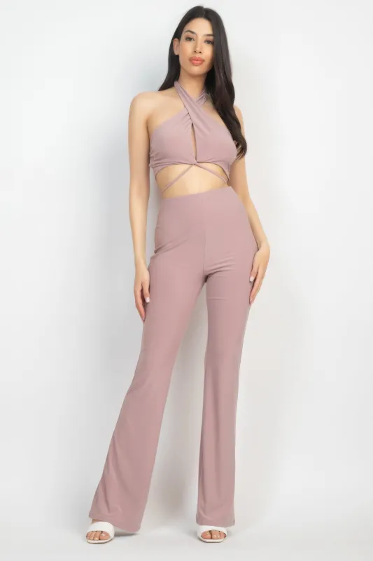 Solid Halter Top And Elastic Leggings Set made by Unique Kulture
