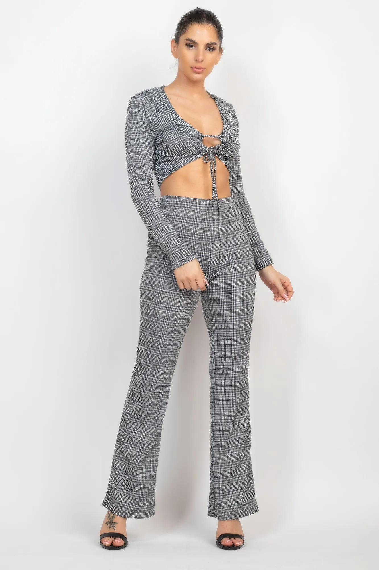 Plaid Cut-out Long Sleeve Top & Pants Set sold by Unique Kulture