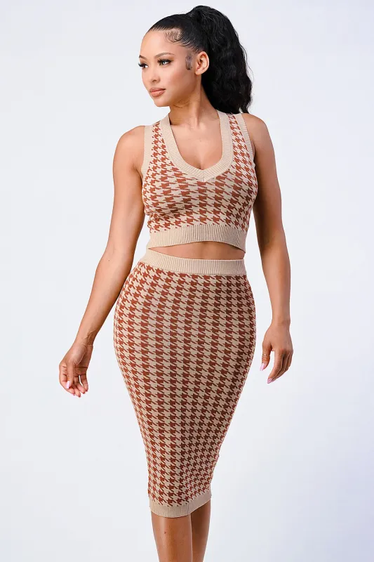 Luxe Gingham Rib Knit Top And Skirt Sets sold by Unique Kulture