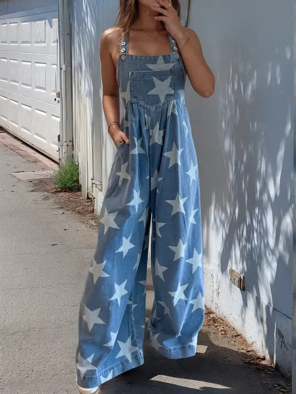 Star Print Buttoned Strap Wide Leg Denim Overalls made by Unique Kulture