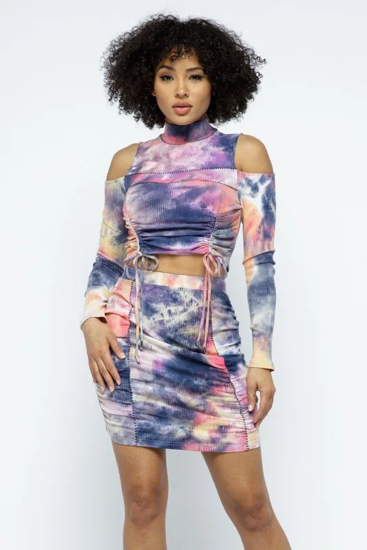 Tie Dye Open Shoulder Long Sleeve Top And Matching Skirt W Ruching Details sold by Unique Kulture