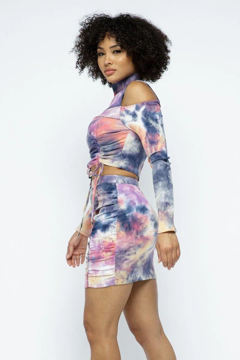 Tie Dye Open Shoulder Long Sleeve Top And Matching Skirt W Ruching Details sold by Unique Kulture product image thumbnail 4