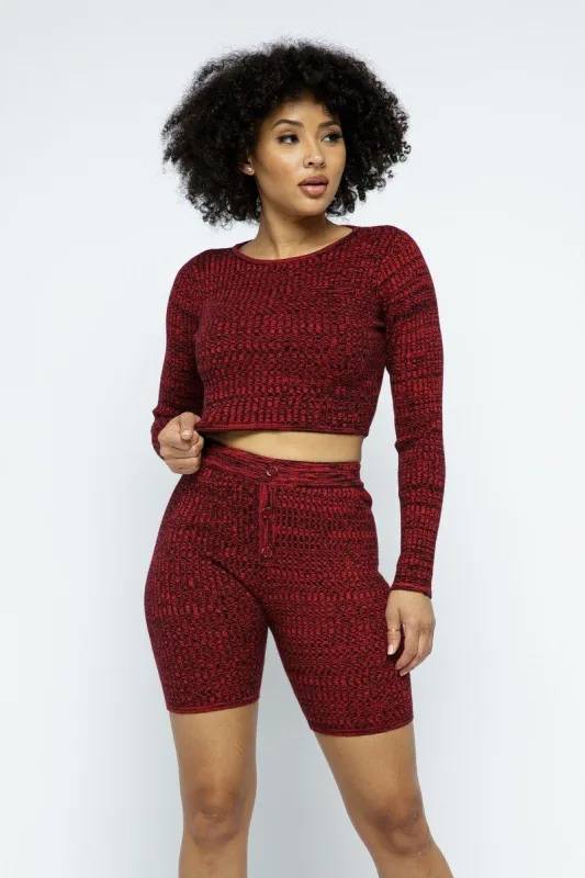 Knit Long Sleeve Cropped Top Knit High-waist Biker Shorts Set sold by Unique Kulture