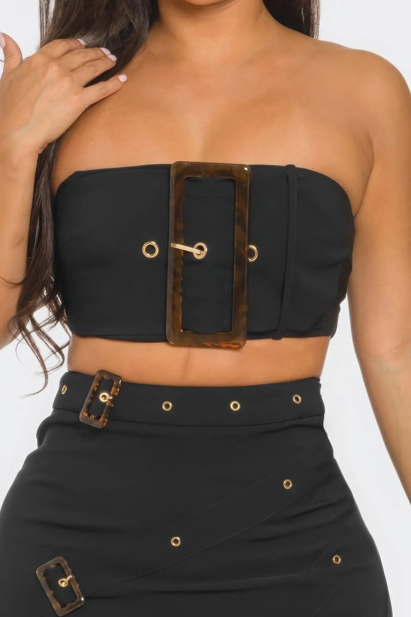 Front Eyelet Buckle Belt Top And Skirt Set sold by Unique Kulture product image thumbnail 4