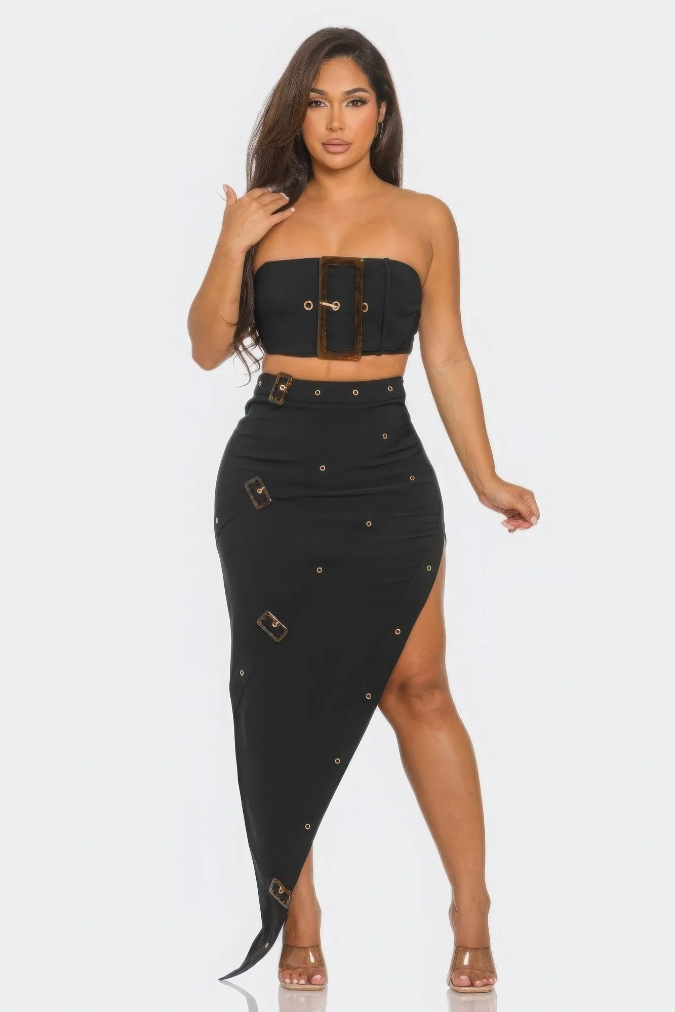 Front Eyelet Buckle Belt Top And Skirt Set sold by Unique Kulture