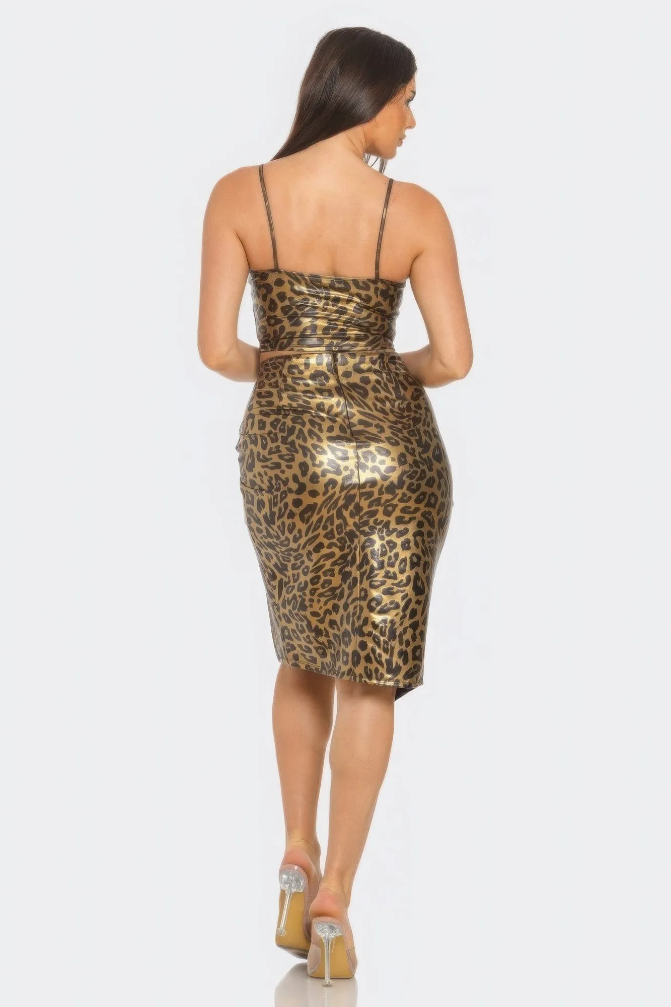 Pu Cheetah Print Top & Front Wrap Slit Skirt Set sold by Unique Kulture product image thumbnail 5