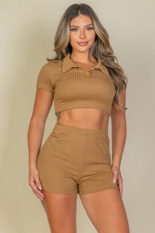 Ribbed Collared Short Sleeve Crop Top & Shorts Set sold by Unique Kulture