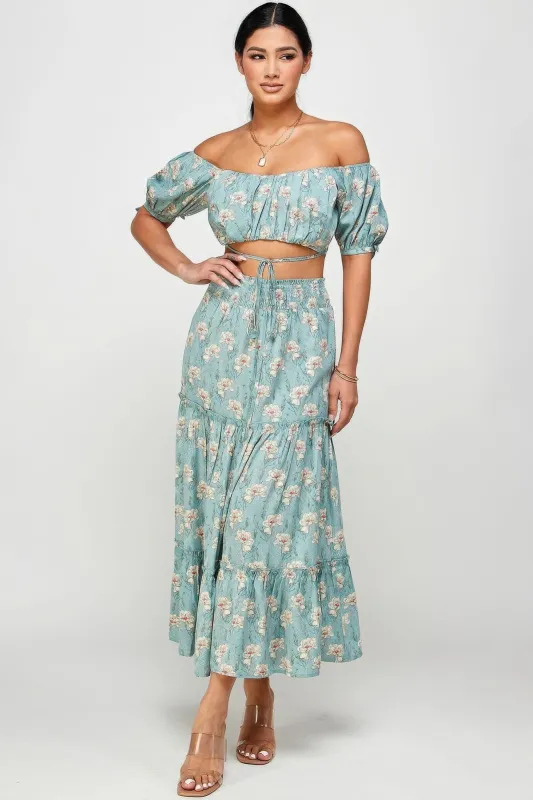 Floral Off Shoulder Sleeve Back Tie Top Skirt Set sold by Unique Kulture