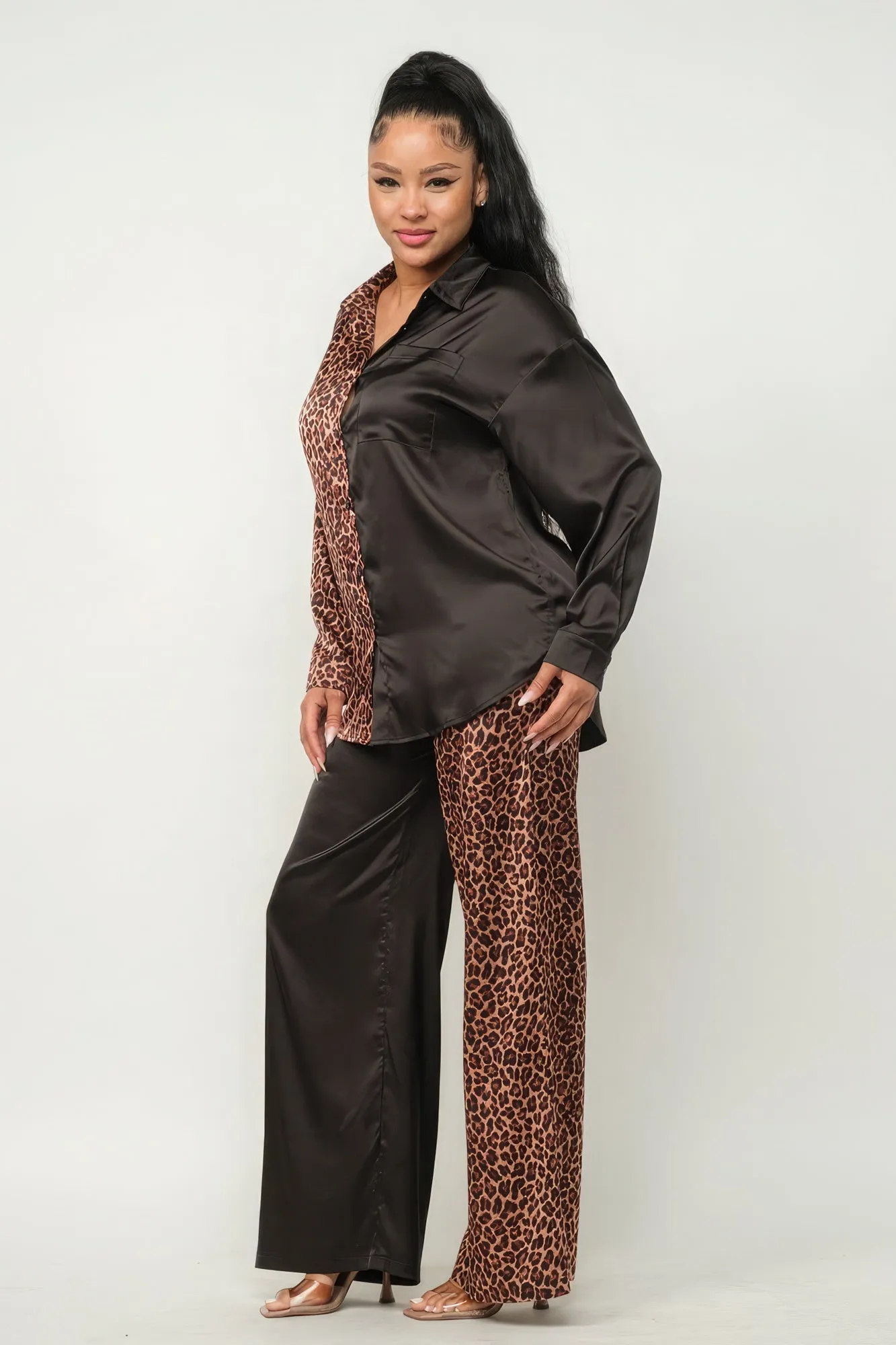 Half Animal Print And Half Solid Top And Pants Set sold by Unique Kulture product image thumbnail 4