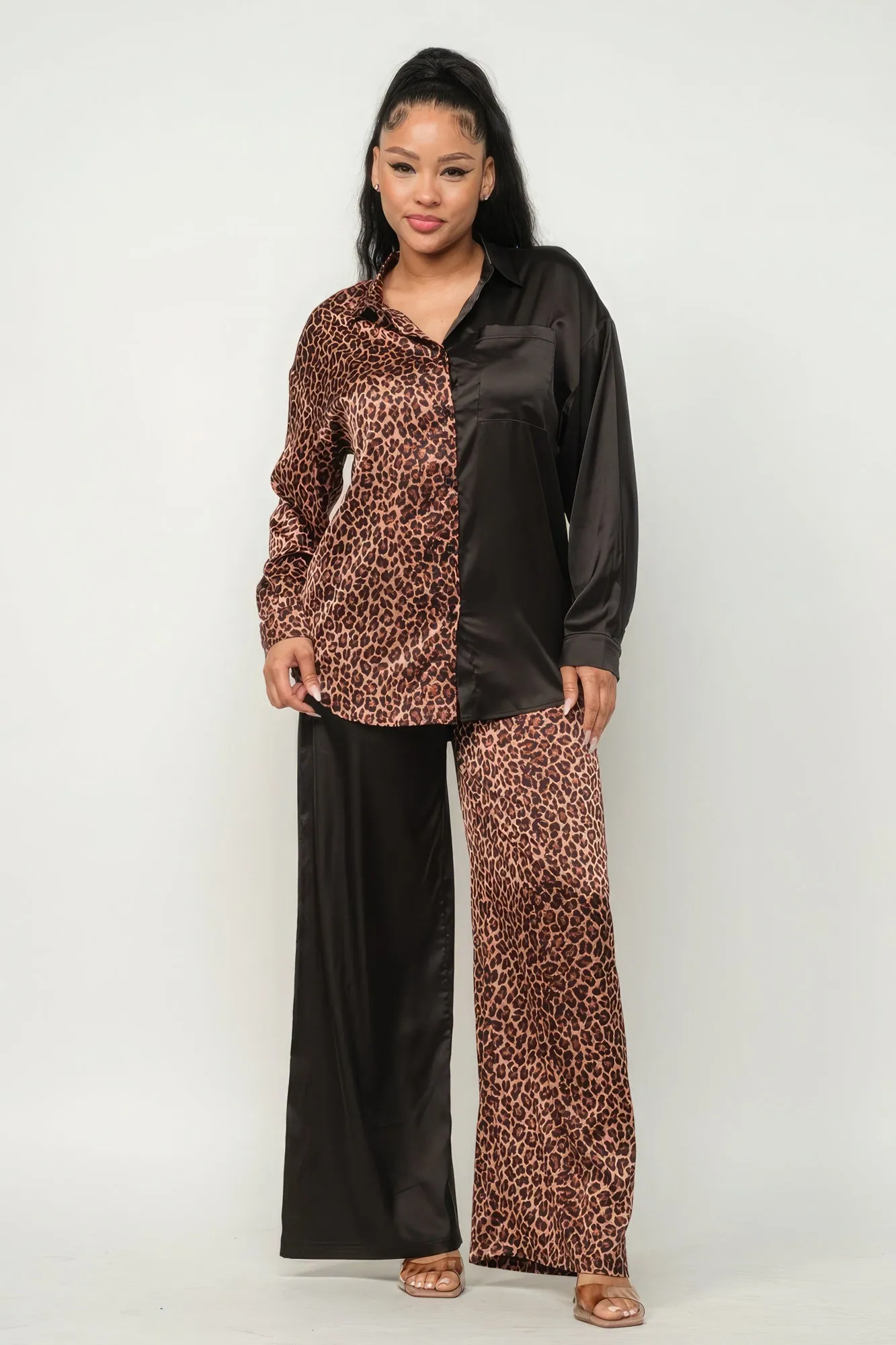 Half Animal Print And Half Solid Top And Pants Set sold by Unique Kulture