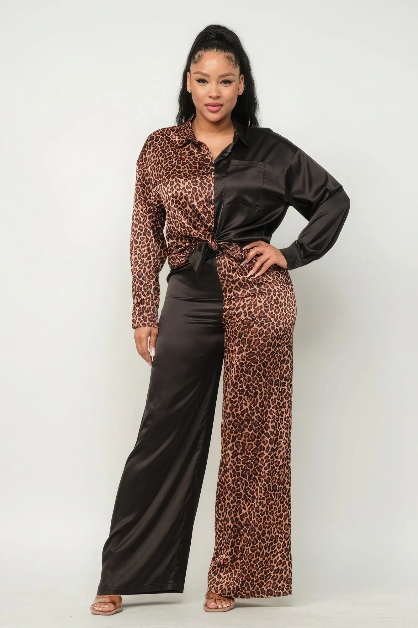 Half Animal Print And Half Solid Top And Pants Set sold by Unique Kulture product image thumbnail 2