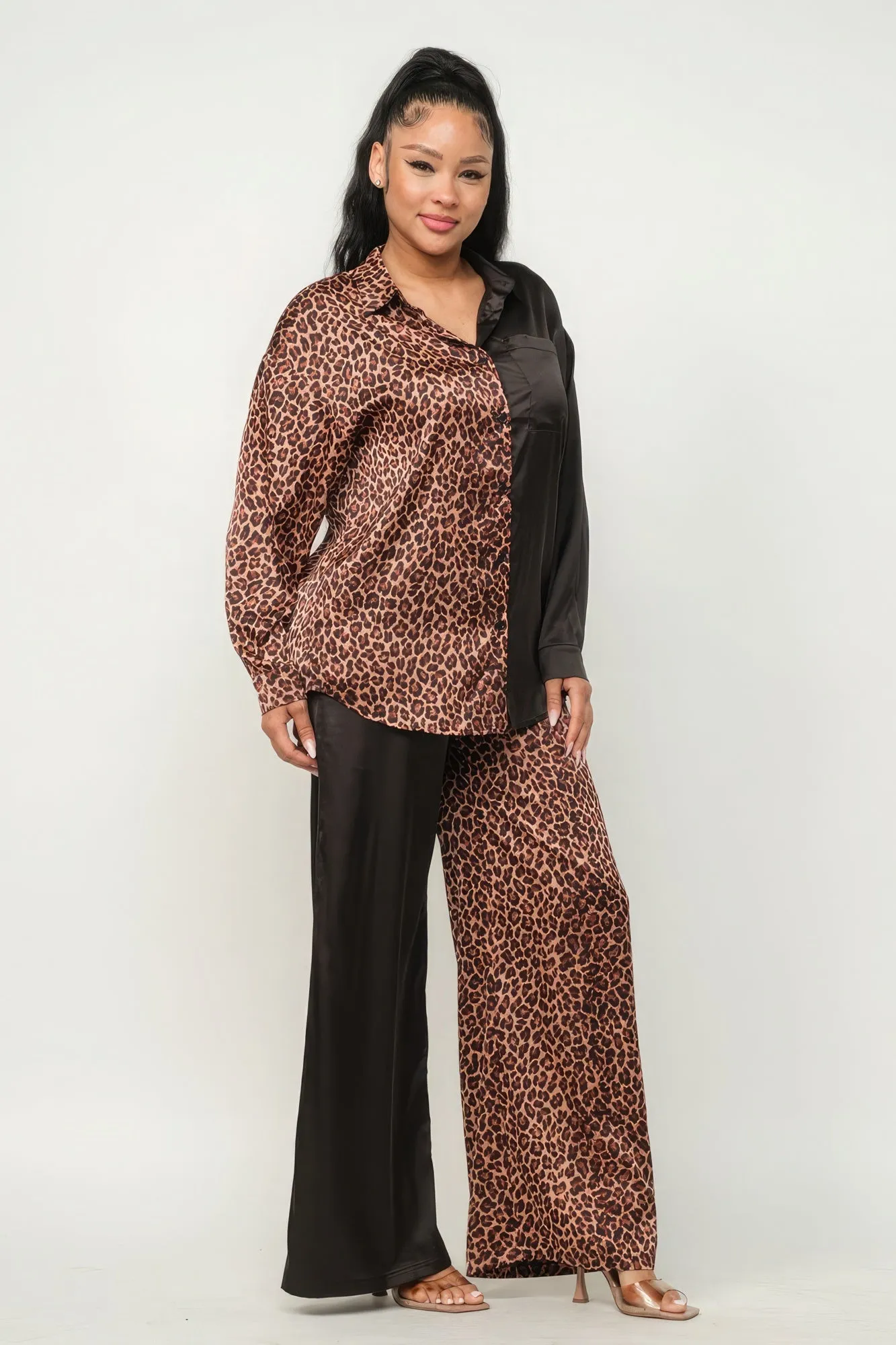 Half Animal Print And Half Solid Top And Pants Set sold by Unique Kulture product image thumbnail 3