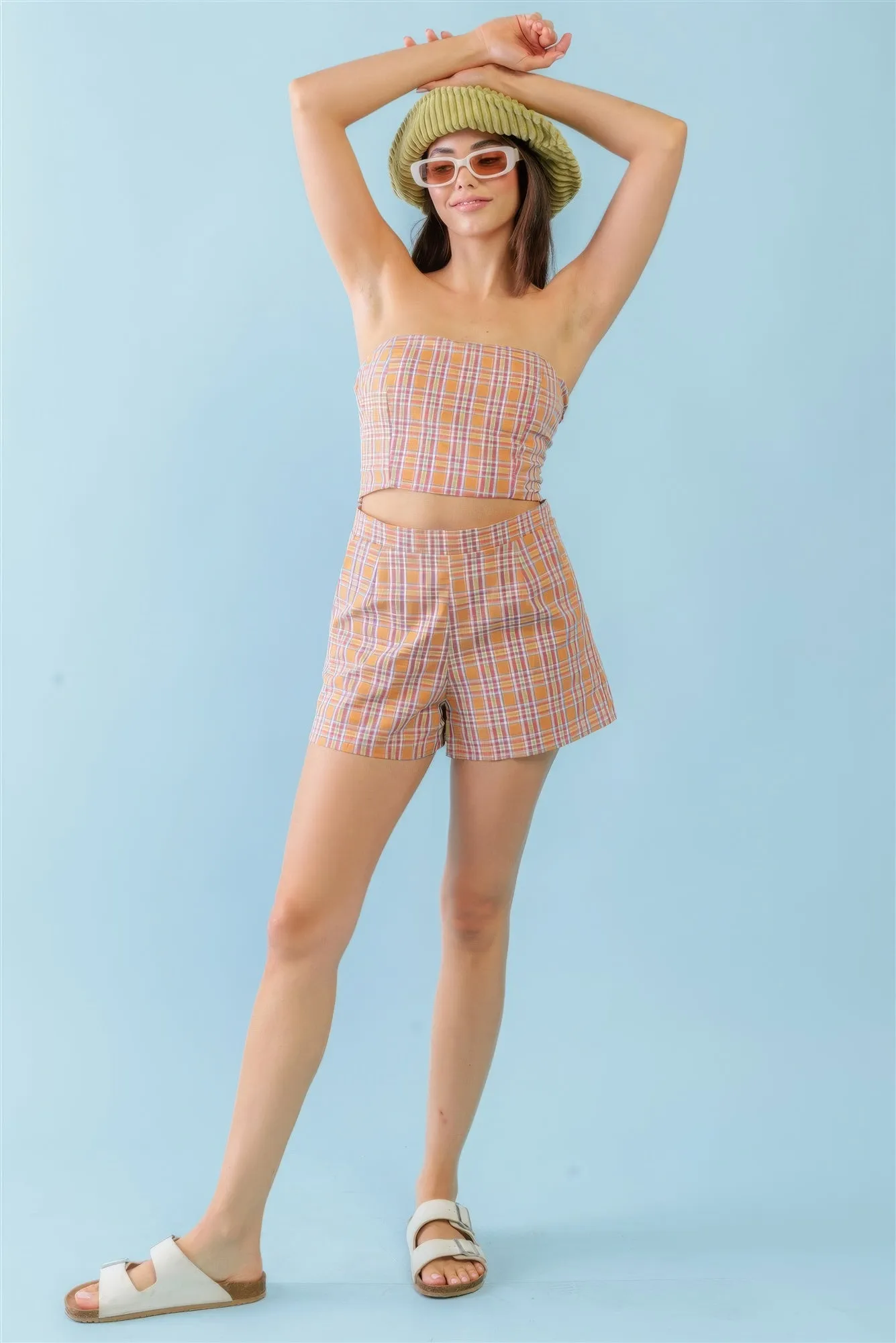 Orange & Aqua Plaid Print Cotton Strapless Crop Top & High Waist Two Pocket Shorts Set sold by Unique Kulture product image thumbnail 2