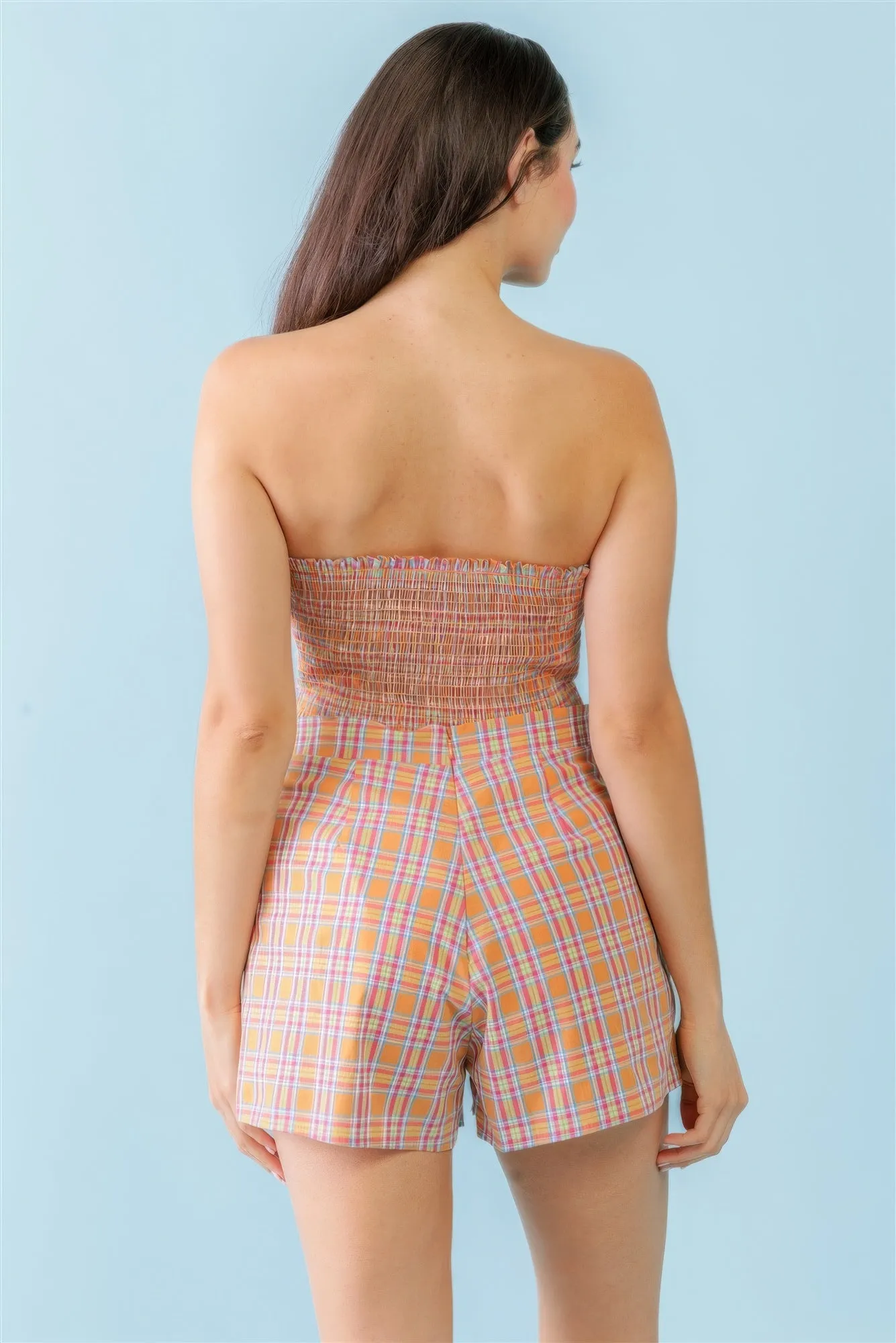 Orange & Aqua Plaid Print Cotton Strapless Crop Top & High Waist Two Pocket Shorts Set sold by Unique Kulture product image thumbnail 4