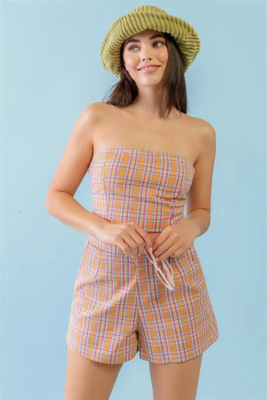 Orange & Aqua Plaid Print Cotton Strapless Crop Top & High Waist Two Pocket Shorts Set made by Unique Kulture