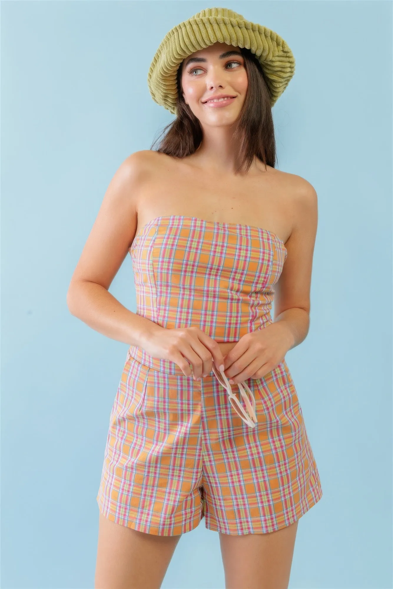 Orange & Aqua Plaid Print Cotton Strapless Crop Top & High Waist Two Pocket Shorts Set sold by Unique Kulture