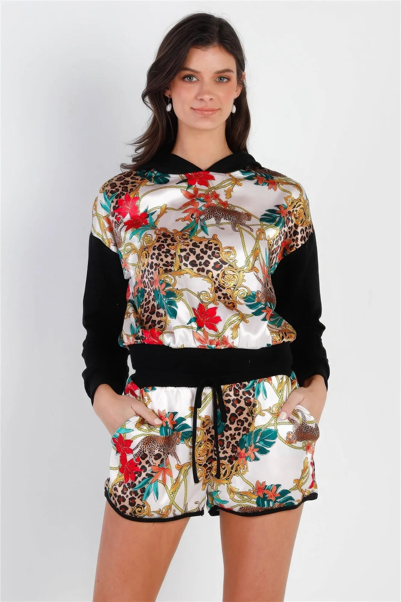 Black & Ivory Satin Effect Animal Print Hooded Top & Short Set sold by Unique Kulture