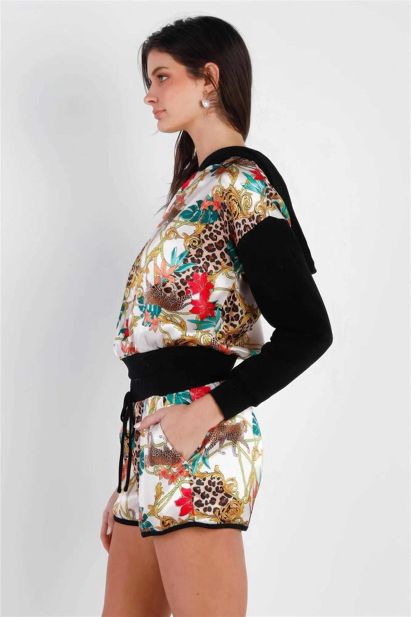 Black & Ivory Satin Effect Animal Print Hooded Top & Short Set sold by Unique Kulture product image thumbnail 3