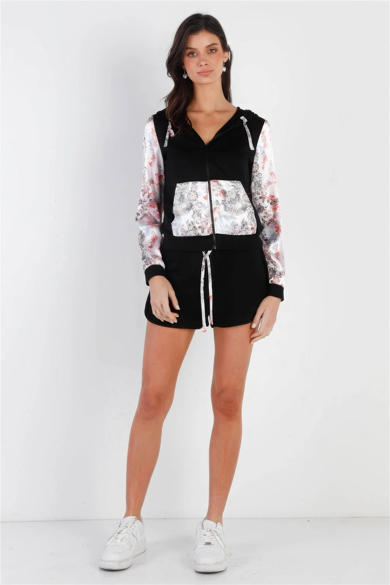 Black & Multi Color Print Colorblock Zip-up Hooded Top & Short Set sold by Unique Kulture product image thumbnail 2