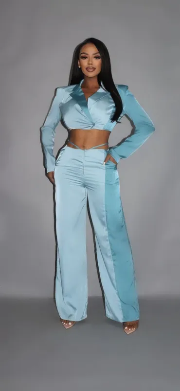 Colorblock Crop Blazer With Matching Low Rise Wide Leg Pant Set With Pockets sold by Unique Kulture