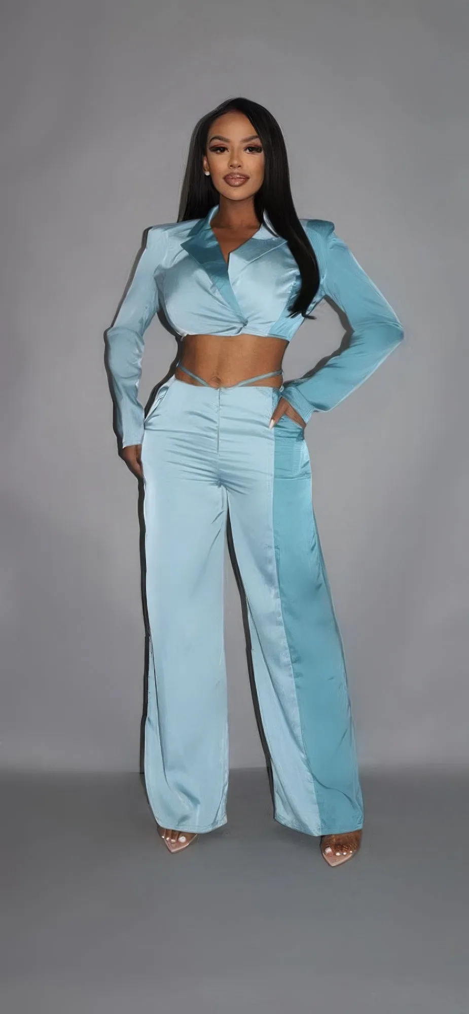 Colorblock Crop Blazer With Matching Low Rise Wide Leg Pant Set With Pockets sold by Unique Kulture