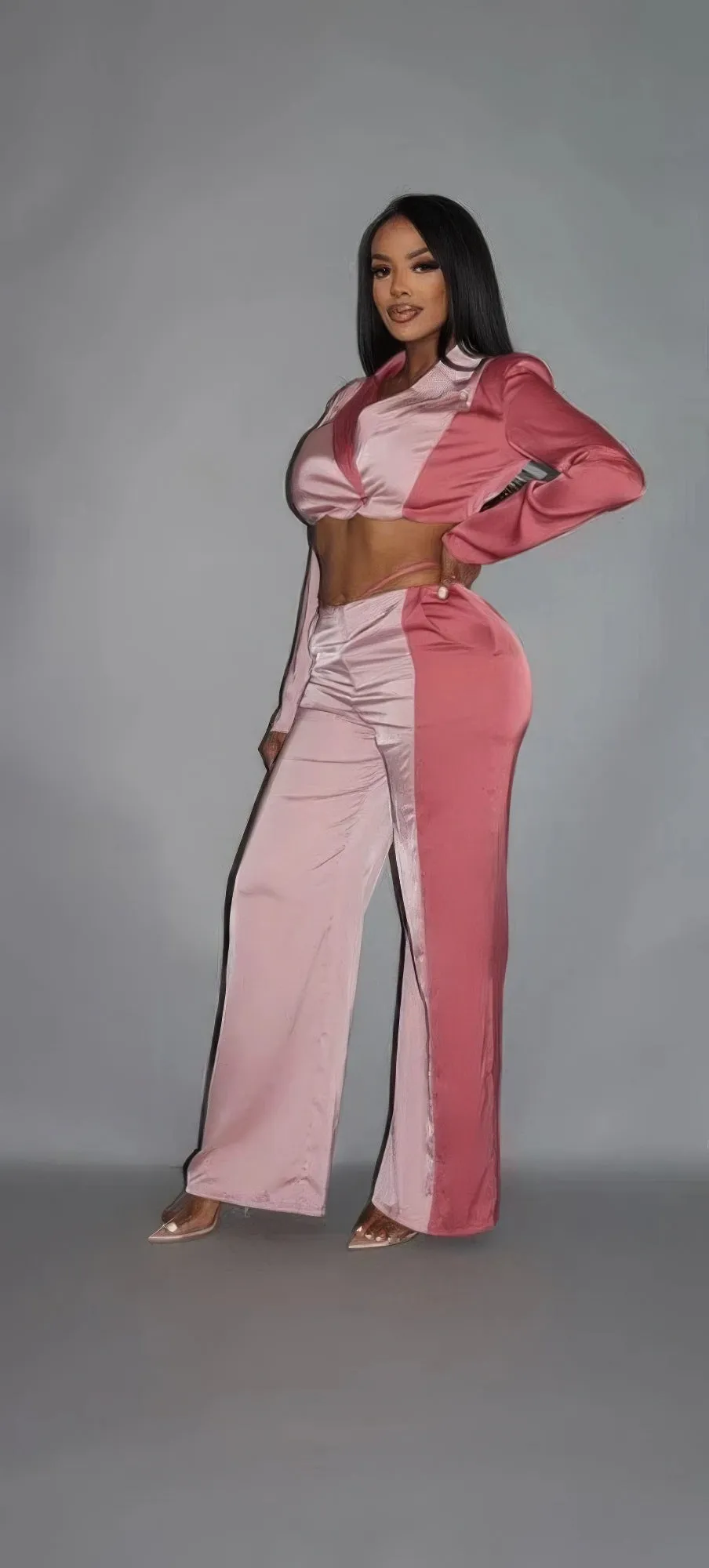 Colorblock Crop Blazer With Matching Low Rise Wide Leg Pant Set With Pockets sold by Unique Kulture product image thumbnail 2