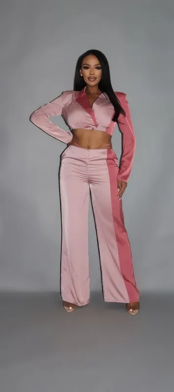 Colorblock Crop Blazer With Matching Low Rise Wide Leg Pant Set With Pockets sold by Unique Kulture