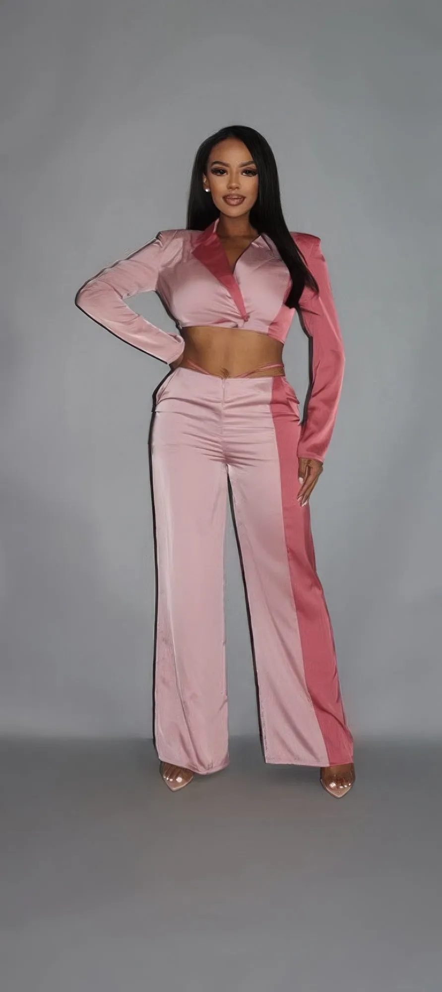 Colorblock Crop Blazer With Matching Low Rise Wide Leg Pant Set With Pockets sold by Unique Kulture