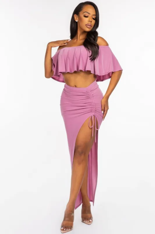 Solid Ity Off The Shoulder Ruffled Cropped Top And Ruched Maxi Skirt Two Piece Set made by Unique Kulture