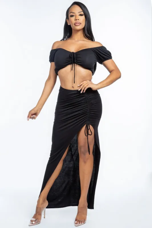 Solid Ruched Front Off The Shoulder Short Sleeve Cropped Top And Side Ruched Asymmetrical Skirt Two Piece Set made by Unique Kulture