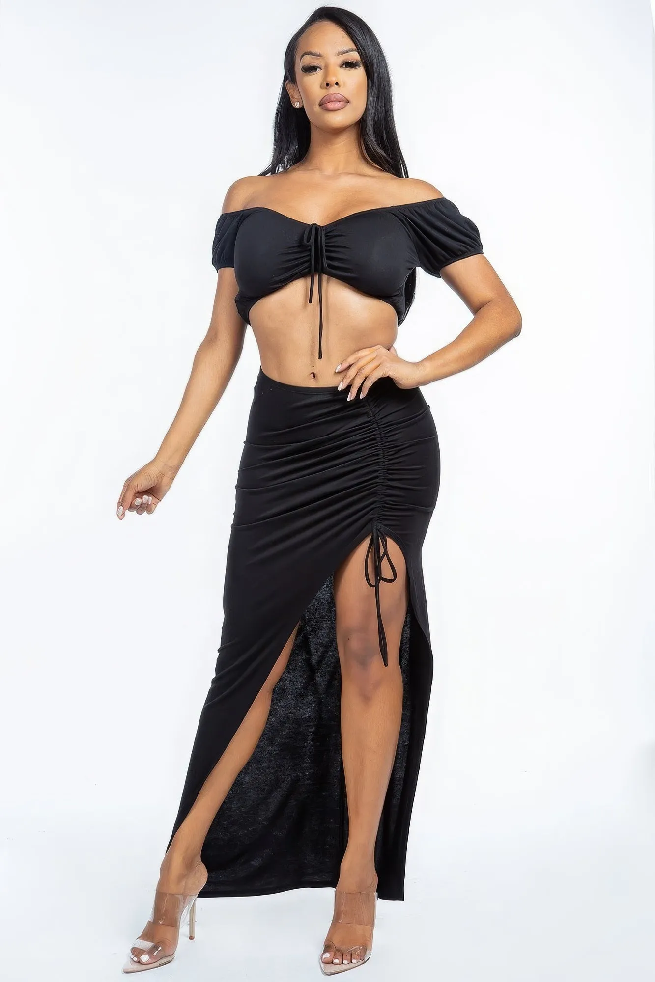 Solid Ruched Front Off The Shoulder Short Sleeve Cropped Top And Side Ruched Asymmetrical Skirt Two Piece Set sold by Unique Kulture