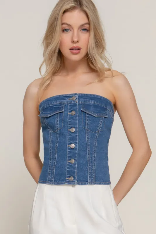 Button Down Placket Stretch Denim Tube Top sold by Unique Kulture