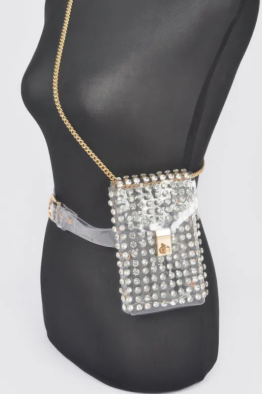 Rhinestone Clear Belt Bag W/chain sold by Unique Kulture