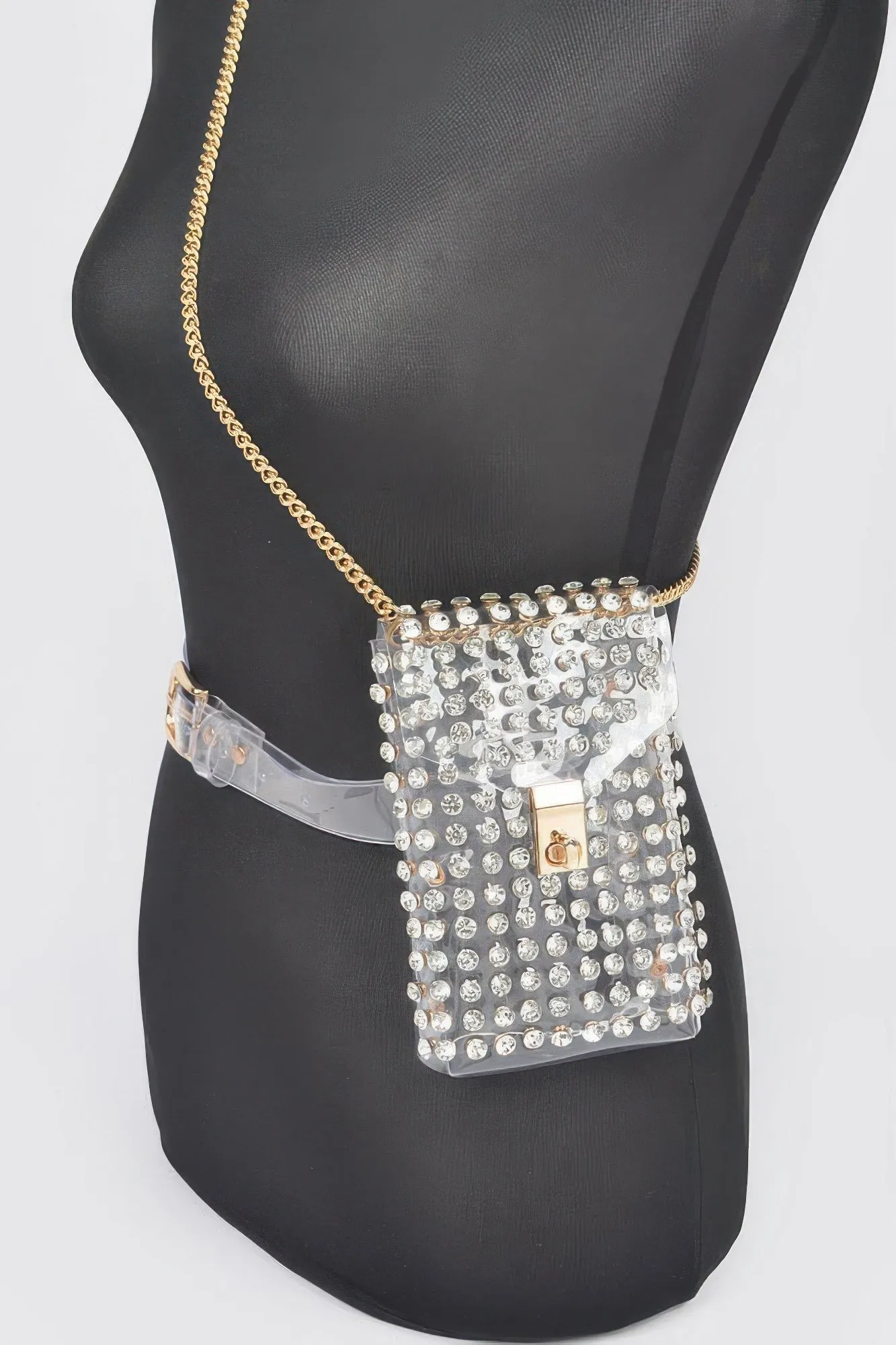 Rhinestone Clear Belt Bag W/chain sold by Unique Kulture