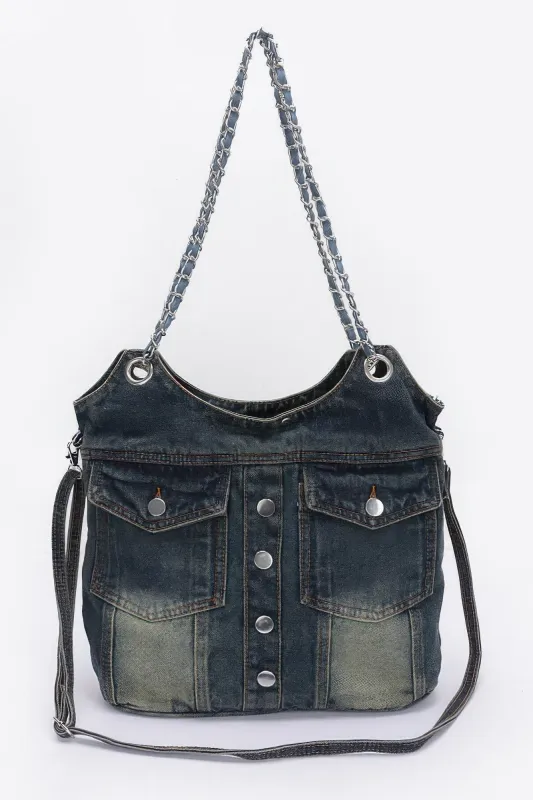 Washed Denim Double Pockets Tote Bag sold by Unique Kulture