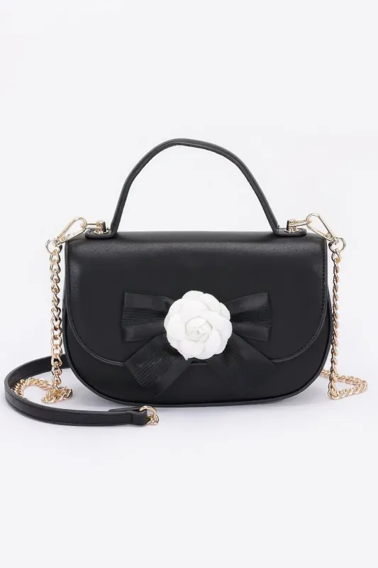 Faux Leather Flower Ribbon Top Handle Flap Bag sold by Unique Kulture