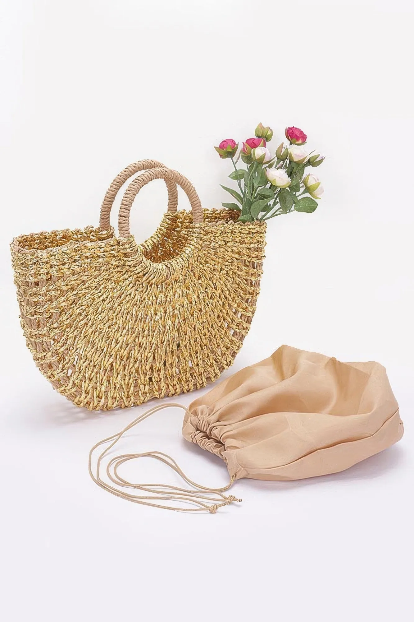 Metallic Faux Straw Tote Bag W Pouch sold by Unique Kulture