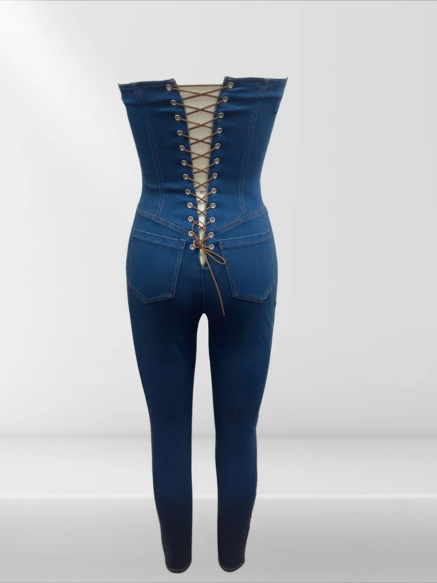 Strapless Denim Jumpsuit With Lace Up Back sold by Unique Kulture product image thumbnail 5