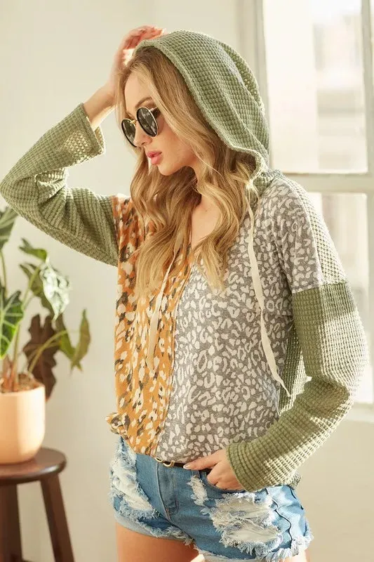 BiBi Popcorn Waffle Knit Hoodie with Print Block Front made by Unique Kulture