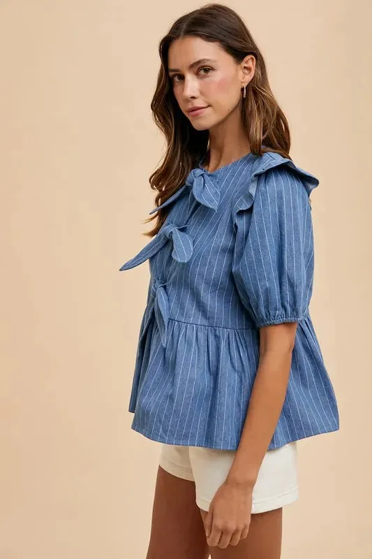 Annie Wear Stripe Front Bow Denim Peplum Blouse sold by Unique Kulture product image thumbnail 3