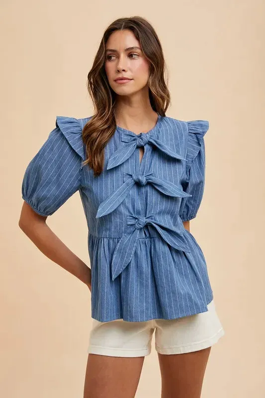 Annie Wear Stripe Front Bow Denim Peplum Blouse sold by Unique Kulture product image thumbnail 2