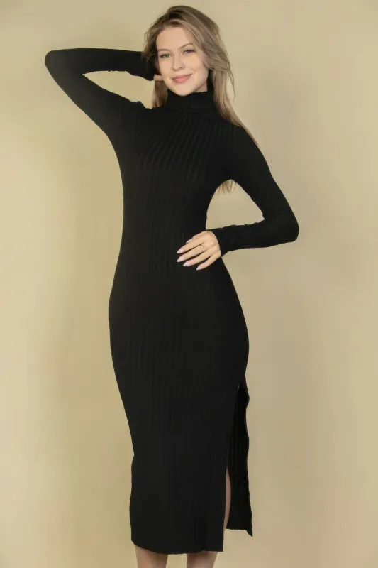Sweater-knit Fuzzy Turtle Neck Split Thigh Dress sold by Unique Kulture