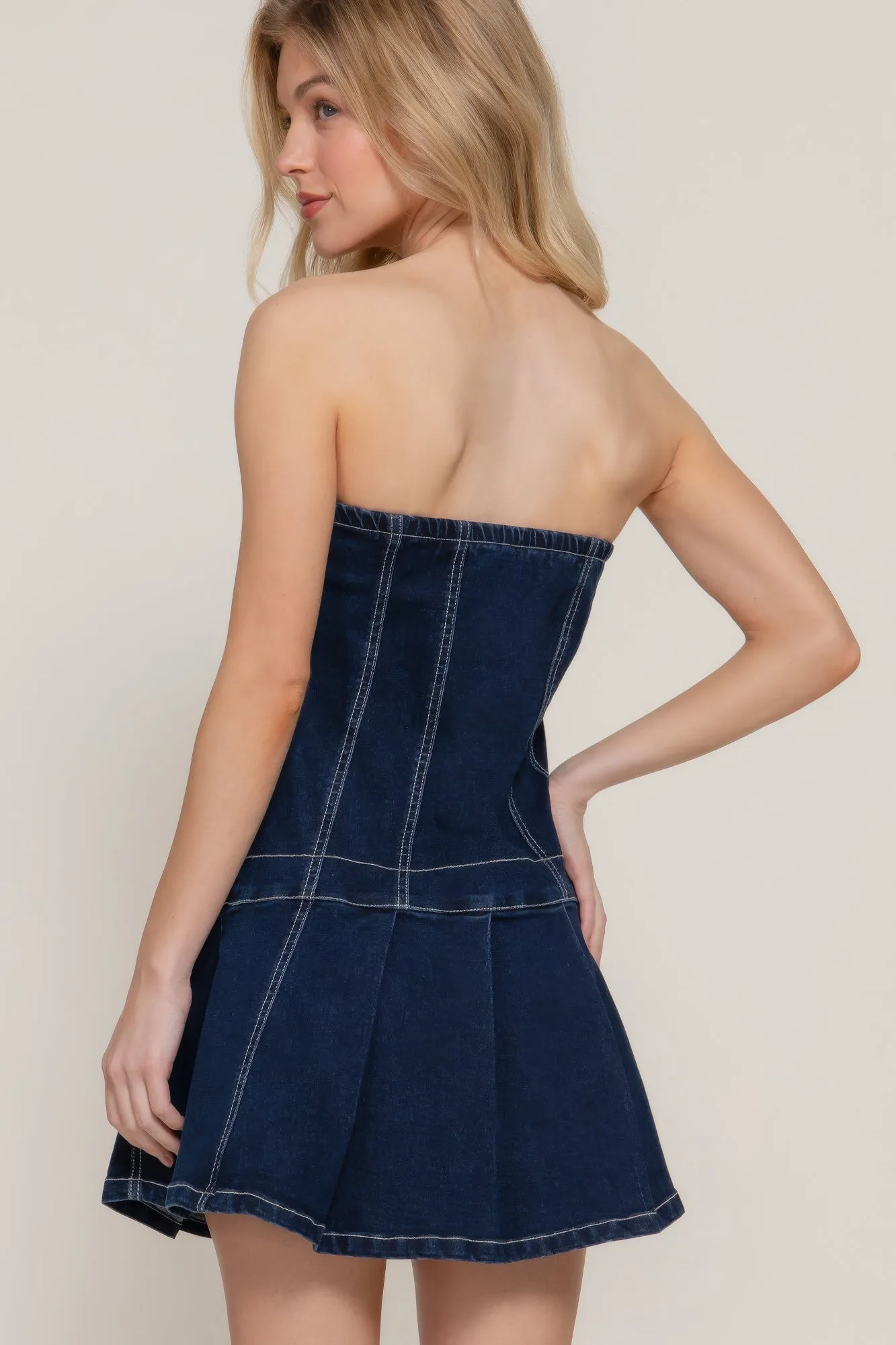 Strapless Stretch Denim Mini Pleats Dress sold by Unique Kulture product image thumbnail 3