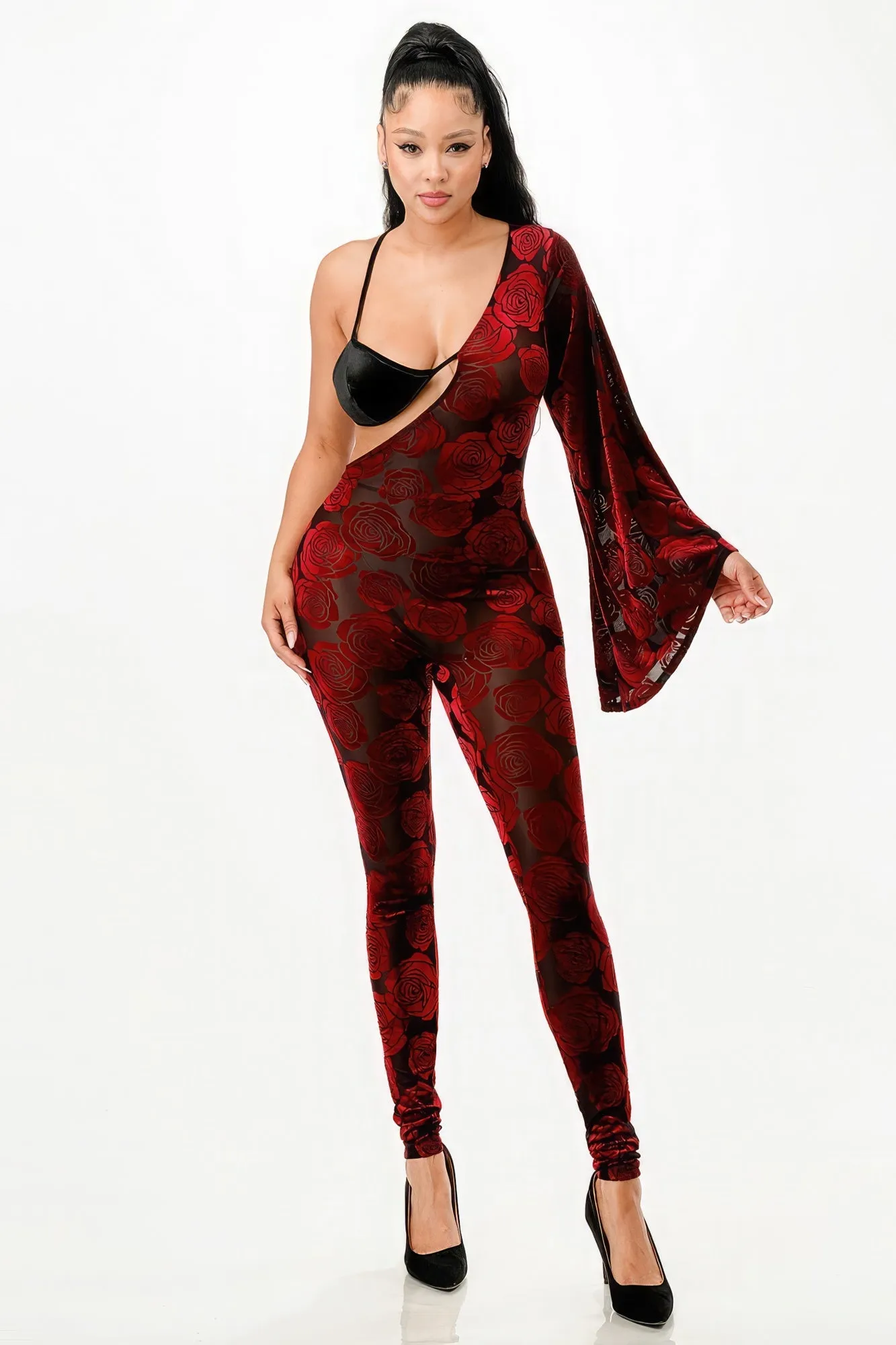 Velvet Flocking Jumpsuit/bell Sleeve sold by Unique Kulture