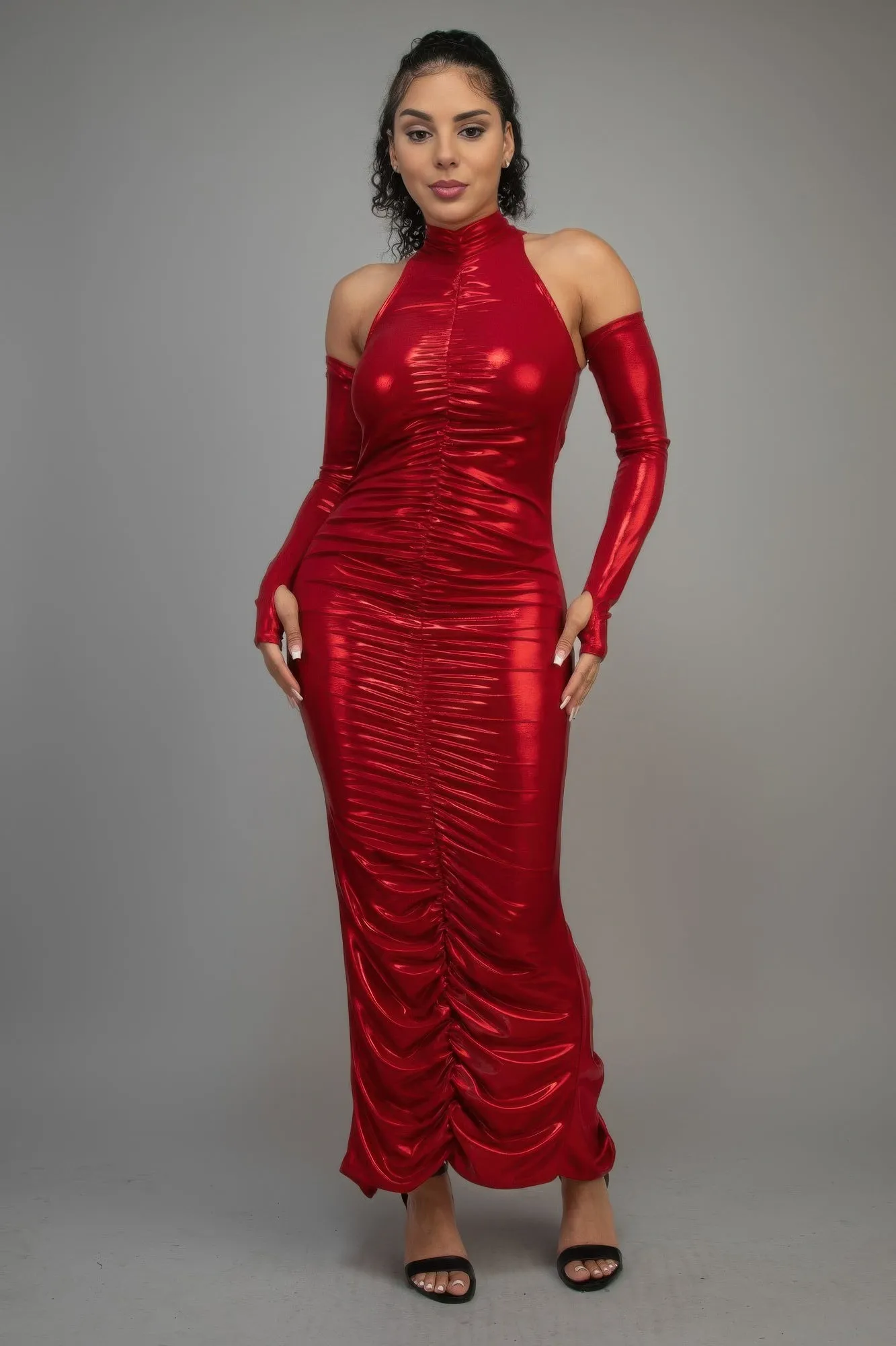 Metallic Ruched Dress With Sleeves sold by Unique Kulture