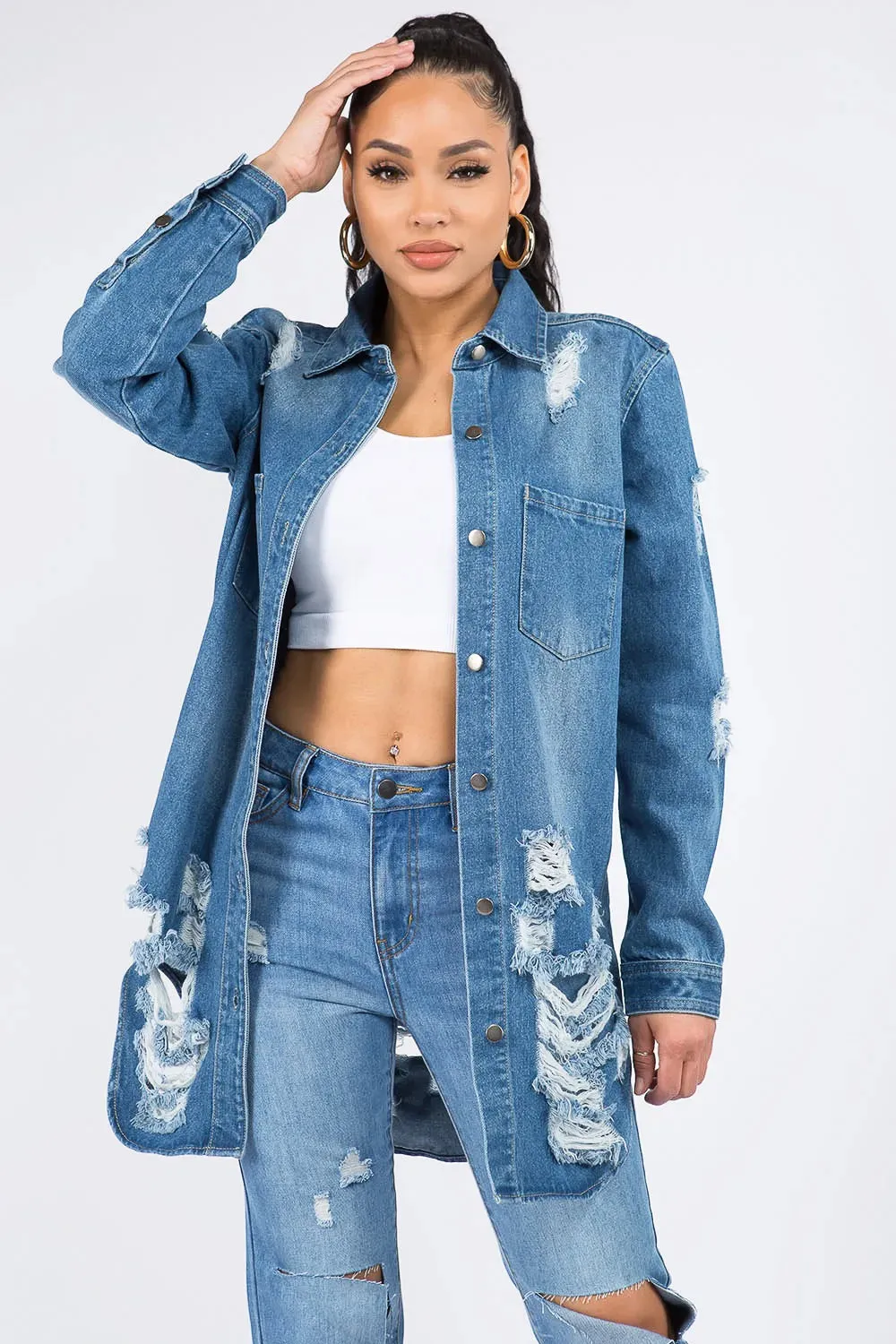 American Bazi Distressed Button Down Denim Shirt Jacket sold by Unique Kulture