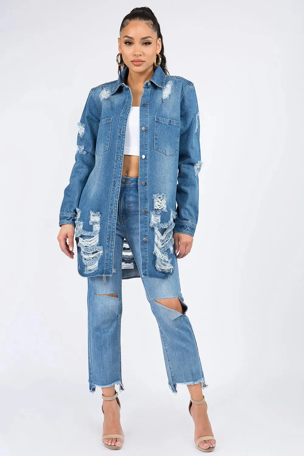 American Bazi Distressed Button Down Denim Shirt Jacket sold by Unique Kulture product image thumbnail 4