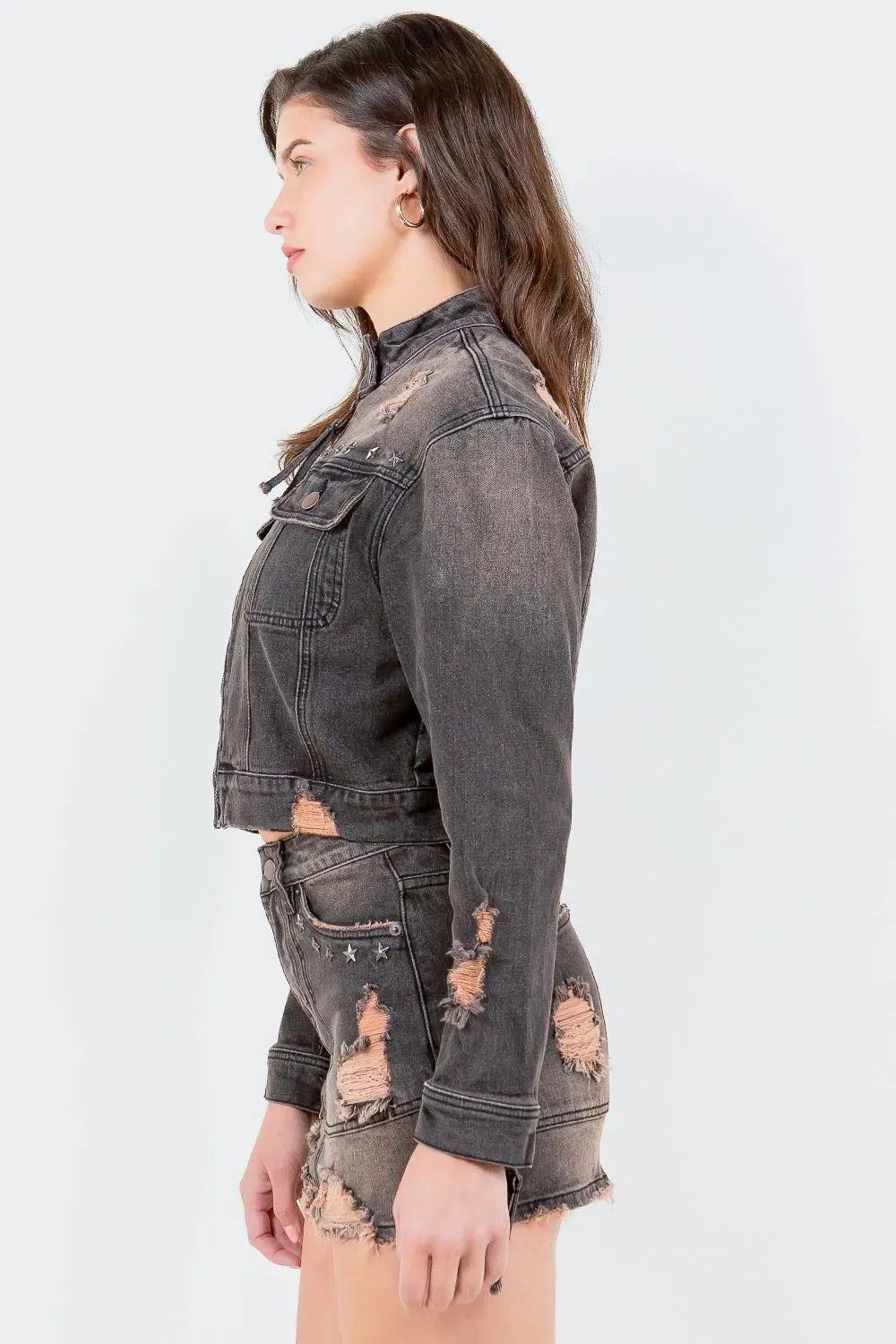 American Bazi Full Size Distressed Star Stud Trim Denim Rider Jacket Plus Size sold by Unique Kulture product image thumbnail 2