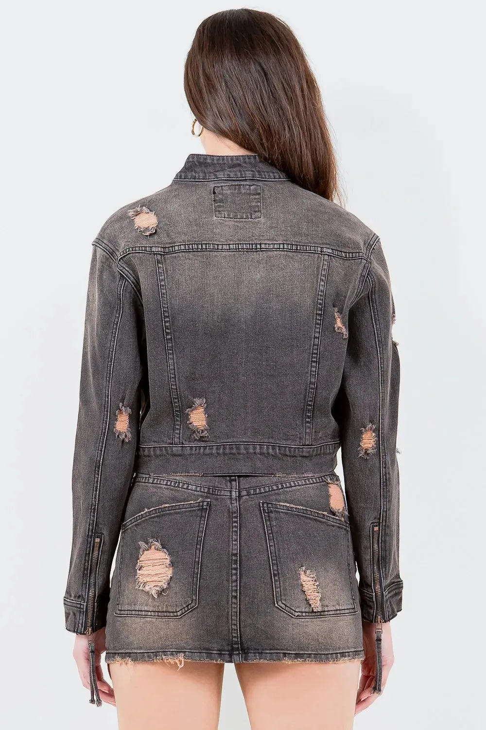 American Bazi Full Size Distressed Star Stud Trim Denim Rider Jacket Plus Size sold by Unique Kulture product image thumbnail 3